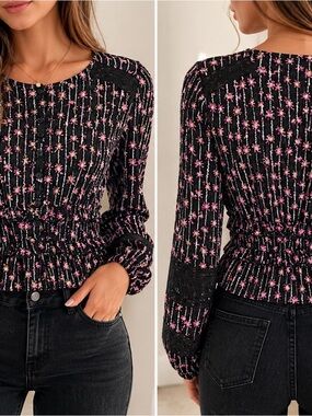 EN/KAY Black Pink Floral Ruffle Waist Blouse Size M Boho Romantic Whimsigoth